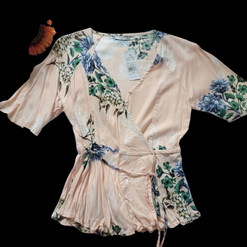Dex Peach Floral Wrap Blouse